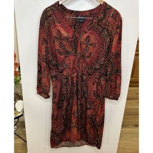 Lucky Brand Dress Womens L‎ 3/4 Sleeve Belted V Neck Knee Length Boho Demask Red